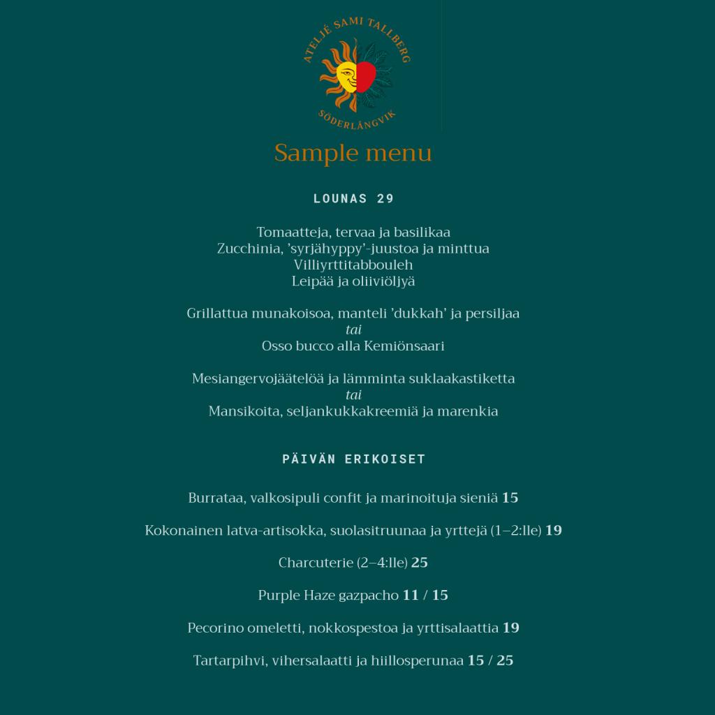Ateljé Sami Tallberg x Söderlångvik sample menu