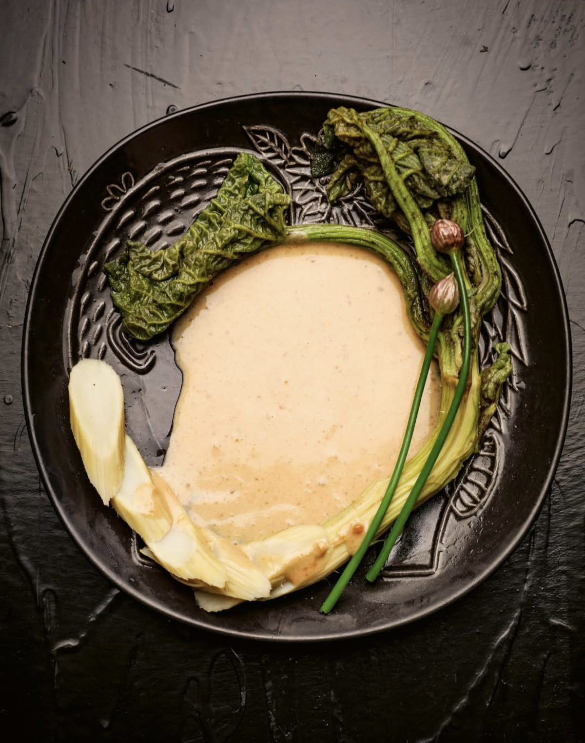 STEAMED WILD BURDOCK WITH TAHINI AND WILD CHIVES SAMI TALLBERG FORAGING FINLAND